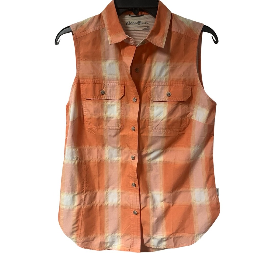 Eddie Bauer Womens XS Orange Plaid Sleeveless Hiking Shirt Button Down Mesh Back